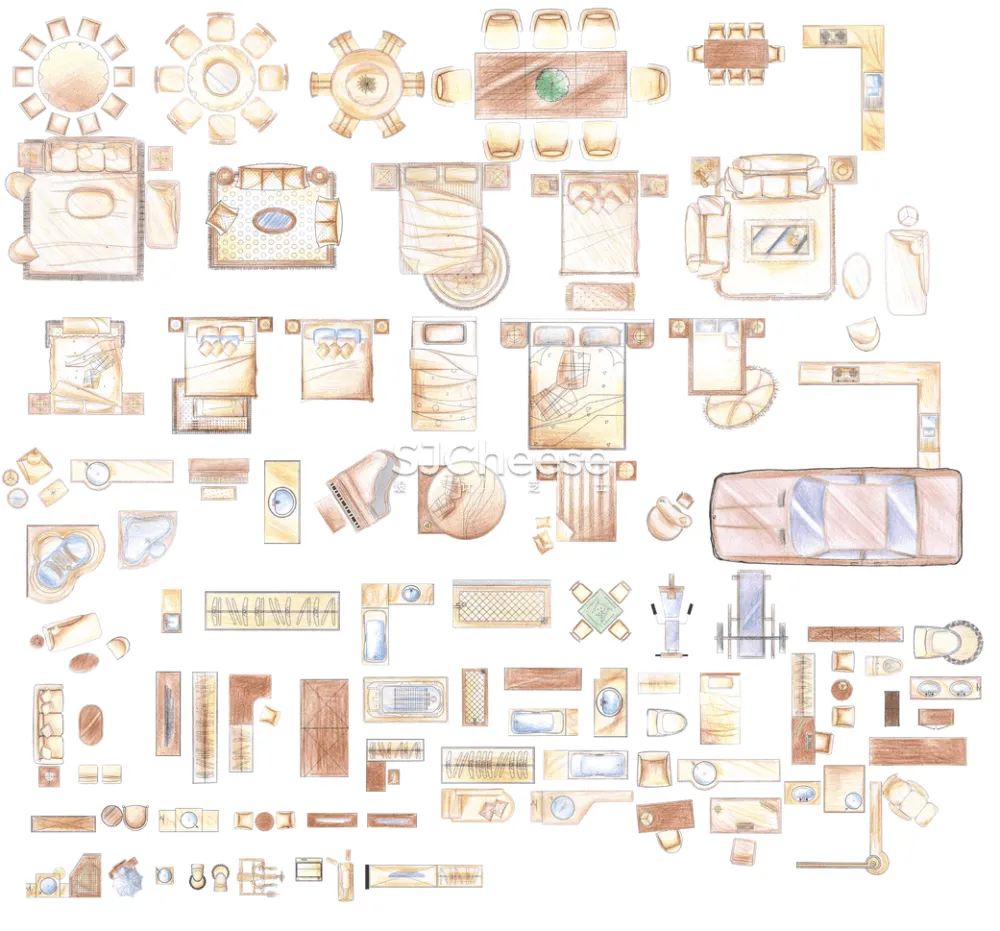 室内设计彩平彩立图PSD图块合集家具洁具沙发座椅床柜铺装厨卫电器丨14大类 3.2G
