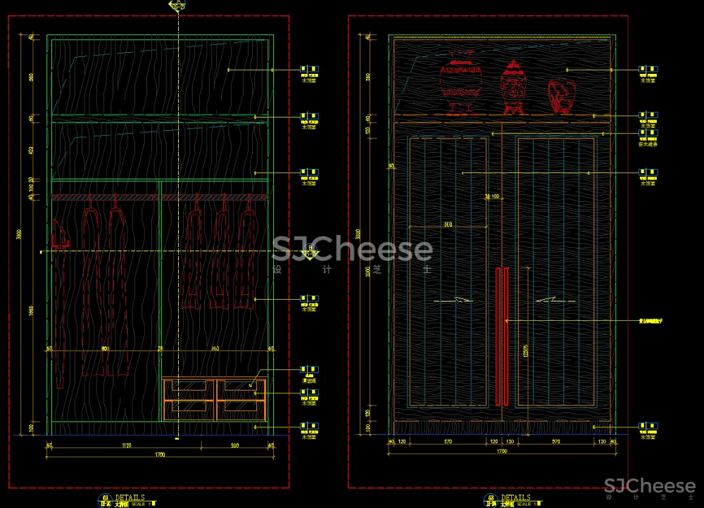 衣柜固定家具CAD节点大样剖面详图合集含被服鞋裤抱枕图块丨DWG格式丨74M